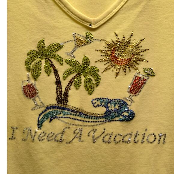 Vintage Get Lucky USA Size XL Yellow V-Neck Beach Embellished Jeweled T-Shirt - Picture 1 of 7